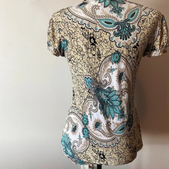 Top Slinky Draped Round Collar Cream and Aqua sz M - Picture 3 of 5